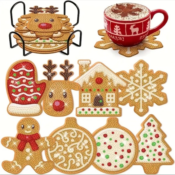 ❤️ 8-Piece Acrylic DIY Christmas Diamond Painting Coaster Kit with Holder NWT - Picture 3 of 4